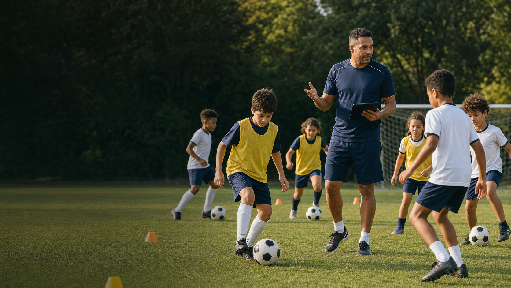 Treinador orientando crianças em um treino organizado de futebol